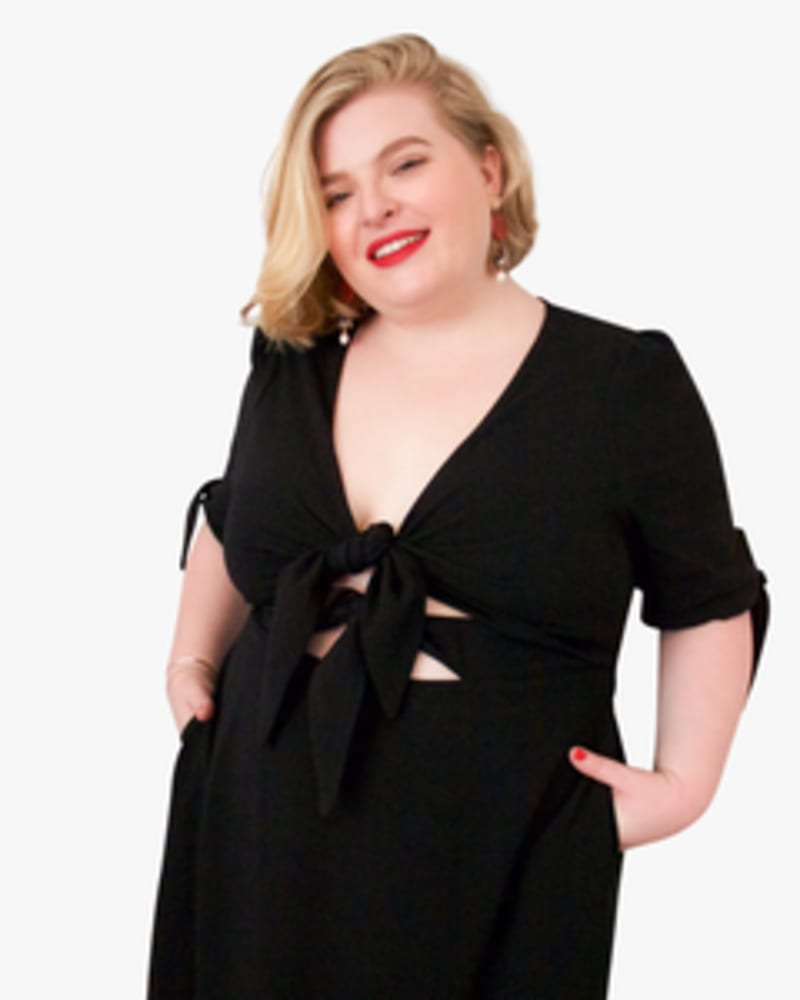 Side of a model wearing a size L Kendra Tie-Front Dress in BLACK by Lovefool. | dia_product_style_image_id:249767